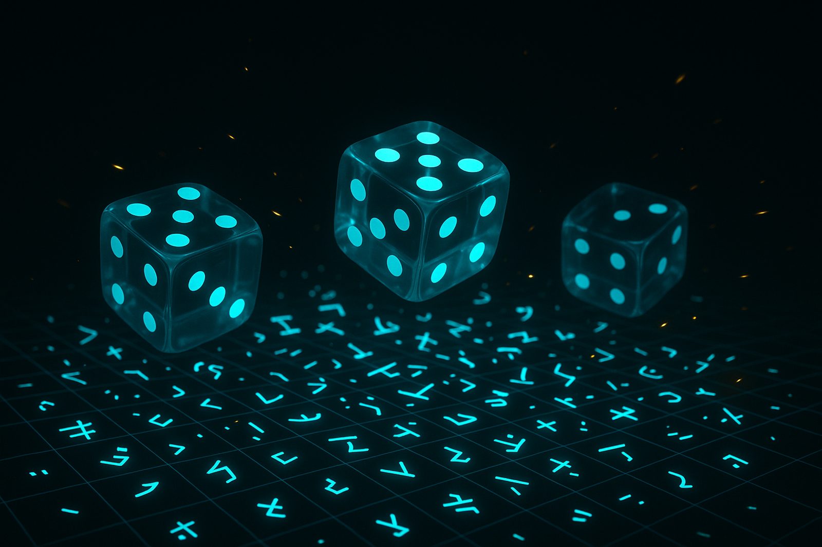 Abstract artwork: cyan light dice and glyphs on a neon grid